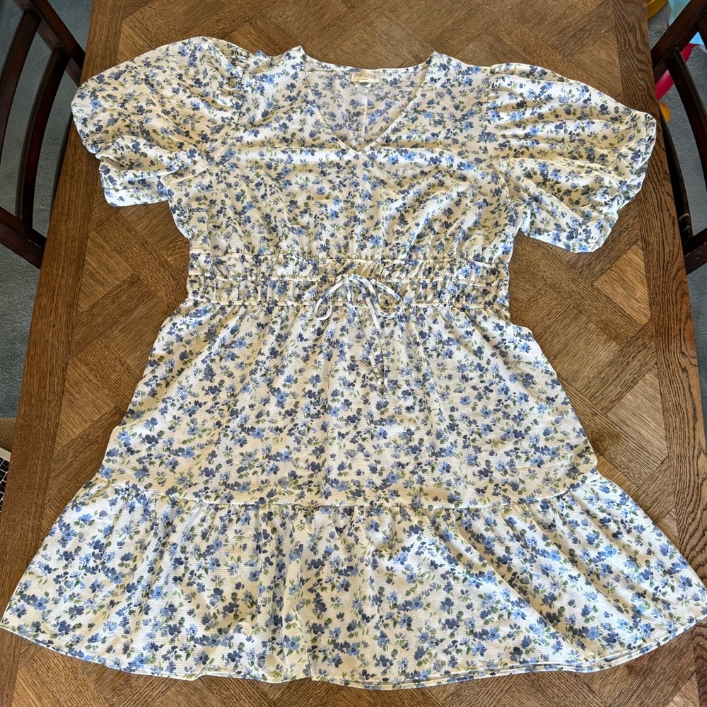 Kate and Lily Plus 3X White Blue Floral Puff Sleeve Drawstring Sundress